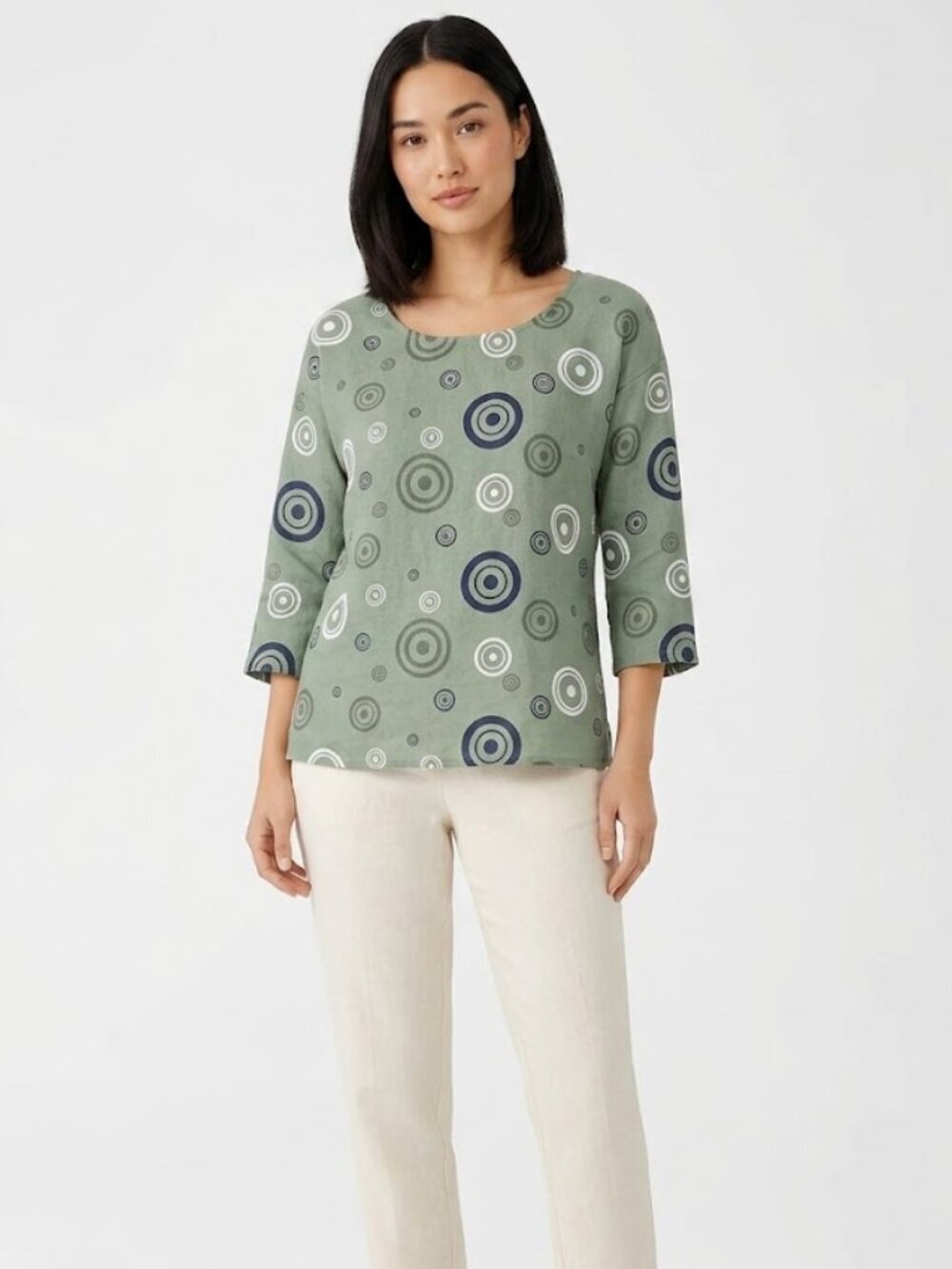 Lagenlook Made In Italy Green Geometric Circle Print Linen Top - Size S/M